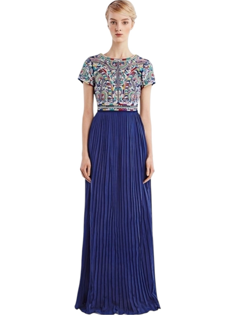 Candela Arabella Dress Navy Embroidered Pleated Open Back